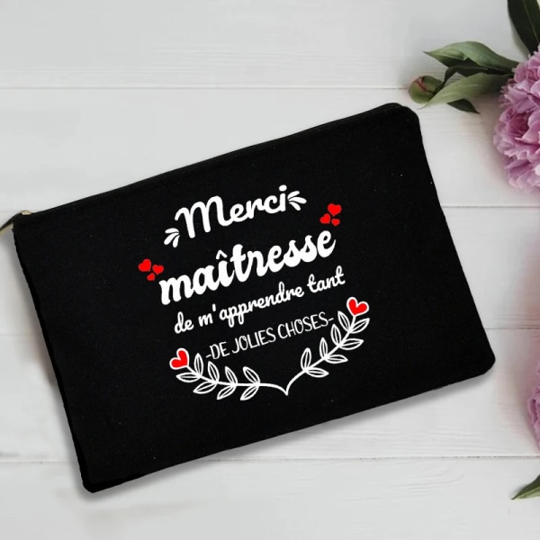 Tack älskarinna franskt print Lärare förvaringsväska Svart Wristlet Clutchväska Merci Ma&#238;tresse Travel Wash Pouch Lärarpresenter 3ThankwM0021