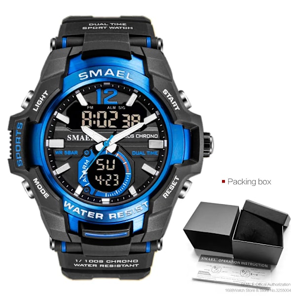 SMAEL Dual Time Army Watch för män Lysande Vattentät Quart Digital Armbandsur Väckarklocka LED Bakgrundsbelysning Kalender 1805 Black blue-Box