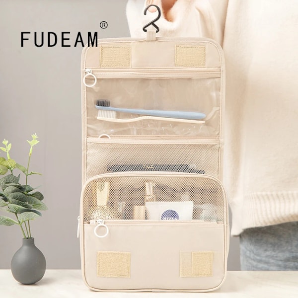 FUDEAM Polyester Vattentät Multifunktion Dam Kosmetikväska Toalettförvaring Organisera Resehandväska Badrumshängande tvättväska Beige
