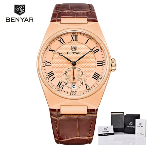 BENYAR Herrklockor Retro Dial Quartz Watch For Herr Lyx 40MM Militärläder Originalklockor Vattentät klocka Reloj Hombre Gold