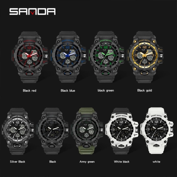 SANDA Herr Militärklockor Vit Watch LED Digital 50M vattentät watch Herr Multifunktionsklocka Relogio Masculino 6030 Men Black