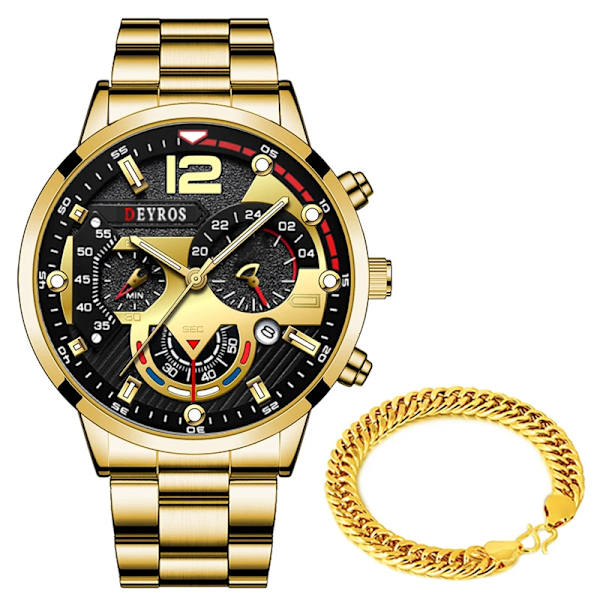 Relogio Lyx Herrklockor Guld Rostfritt Stål Kvarts Watch För Män Business Luminous Läder Armbandsklocka As Shown 8