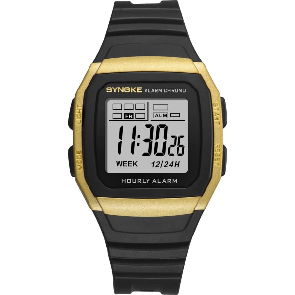 SYNOKE Män Digitala Sportklockor LED Display Timer 12/24 timmar Digital Elektronisk Armbandsur Vattentät Klocka Reloj Hombre 9023 Gold