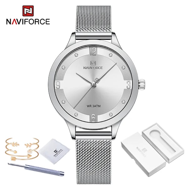 NAVIFORCE modeklockor för kvinnor högkvalitativ kvarts damklocka Mesh rostfritt stål Sliver blå vattentät damarmband SW-BOX