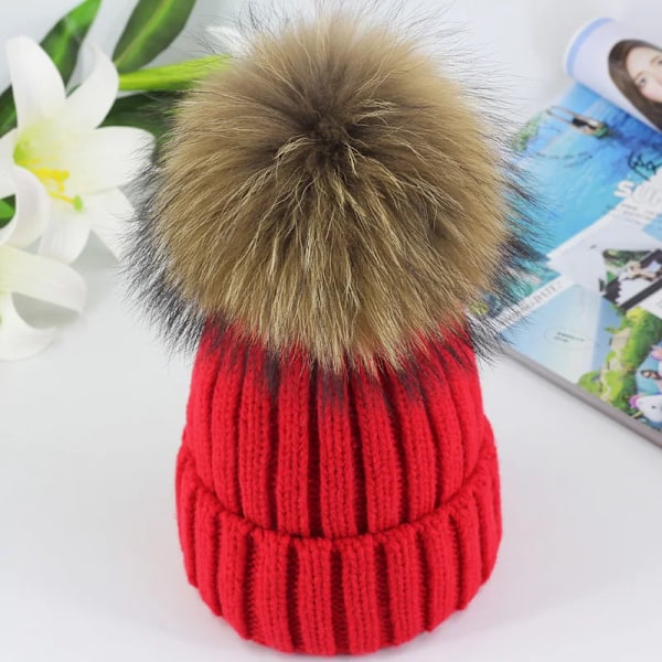 Vintermössa med Pompom i Mink och Ball Cap för Kvinnor och Flickor, Stickad Beanie, Helt Ny, Tjock Kvinnomössa, 50-54-60 cm Bright red child 50-54CM