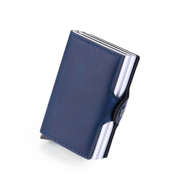 RFID blockerande dubbelbox metall kreditkortshållare för män kvinnor kolfiber läder mini plånbok herr korthållare pengar klämma blue(.2195)