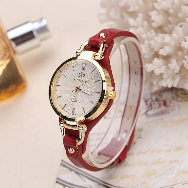 Mode Kvinnor Casual Rund Urtavla Nit PU Läderarmband Armbandsur Dam Analog Quartz Watch Presenter Tillbehör Red