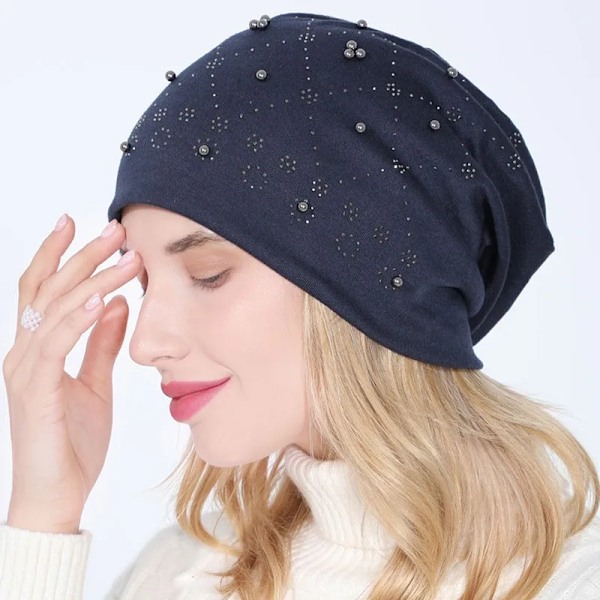 Mjuka Bomulls-Hattar för Höst & Vår - Dam & Flickor - Pärlor & Strass - Varma Skullies - Turban - Bonnet - Kvinnliga Hattar C Navy blue Elasticity