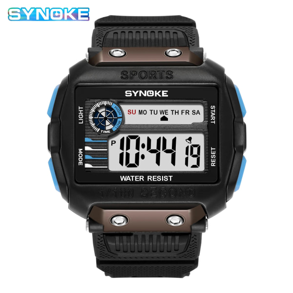 SYNOKE Digitala klockor för män Utomhussport Mode Multi Vattentät Stor urtavla Lysande armbandsur Väckarklockor män 9801 Blue