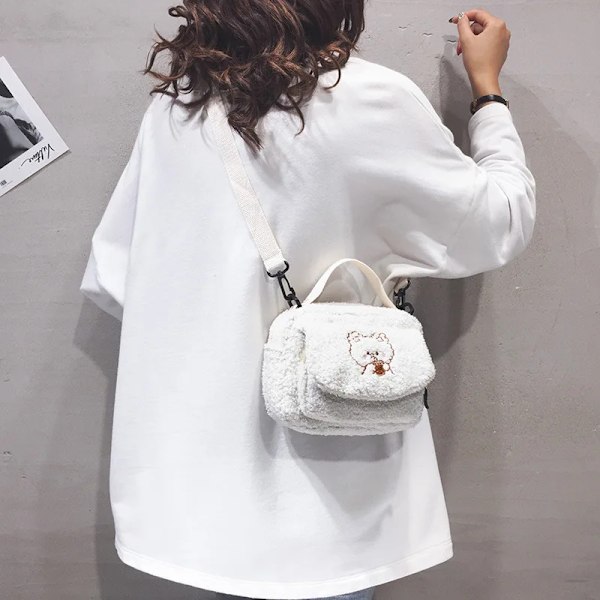 Kvinnor Mini Plysch Axelväska Kvinna Liten Canvas Cross Body Väskor Dam Broderi Dragkedja Tyg Handväska Mobiltelefon Väska Tote White