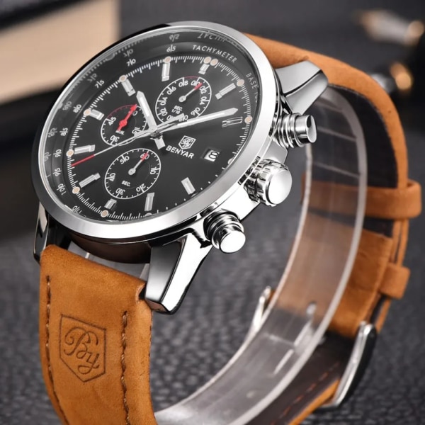 BENYAR Klockor Herr Lyxmärke Watch Mode Kronografklocka Reloj Hombre Watch Man Timme Relogio Masculino 2023 Silver black and box