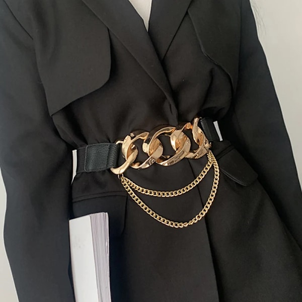 Lyxmärke Guldkedja Bälte Elastiskt silvermetall midjebälten för kvinnor högkvalitativ stretch damkappa Ketting Riem midjeband S without thin chain 70cm