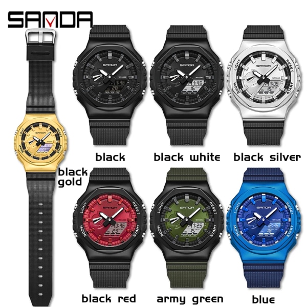 SANDA Fashion Nya sportklockor för män Militär Quartz Man Waterproof G-Style Watch For Herr Klocka reloj de hombre Black gold