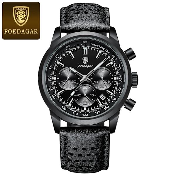 POEDAGAR Lyx Watch Högkvalitativ vattentät kronograf Lysande Herrarmbandsur Läder Herr Kvartsklockor Casual Black Black