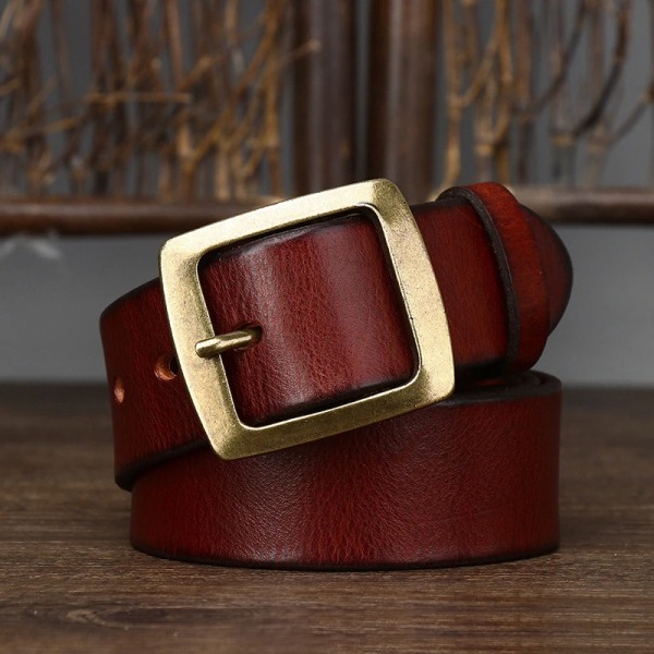 3,8 cm bredd tjock retro kohud bälte i äkta läder för män Massiv mässing kopparnål Spänne bälten herrrem för jeans Red brown 110cm
