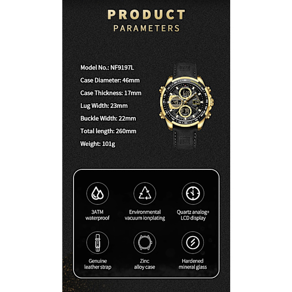 Nya original NAVIFORCE Business Luxury Läder Klockor Herr Sport 3ATM Vattentät LCD Display Watch För Man Quartz Armbandsur SBEBE-BOX