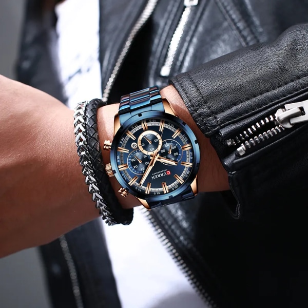 CURREN Watch Toppmärke Lyx Sport Quartz Herrklockor Helt stål Vattentät Chronograph Armbandsur Herr Relogio Masculino Rose Gold Blue