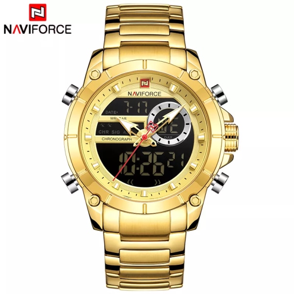 NAVIFORCE klockor för män Lyxmärke Big Dial Gold Watch Rostfritt stål Vattentät Sport Manklocka Relogio Masculino BB-BOX