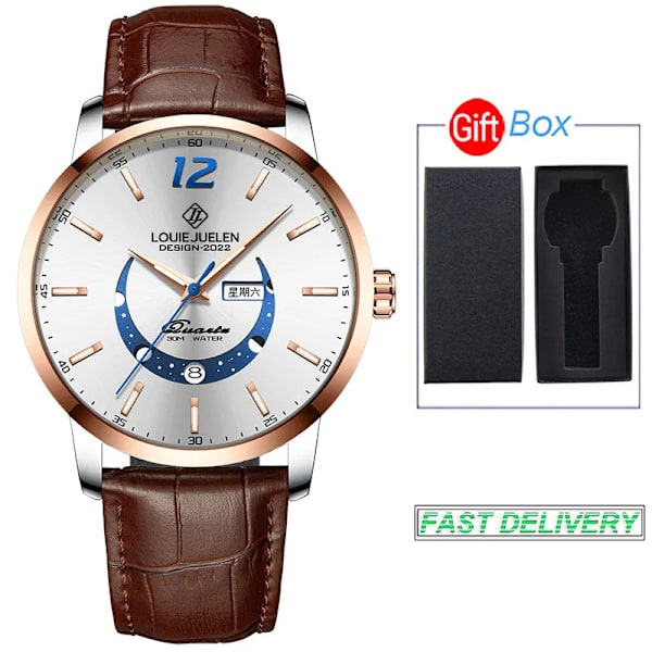 BELUSHI Moon Phase Armbandsur Herr Lyx Topp Märke Vattentät Modekalendervecka Kvarts Presentklocka Sport Lysande Läder LC and BOX