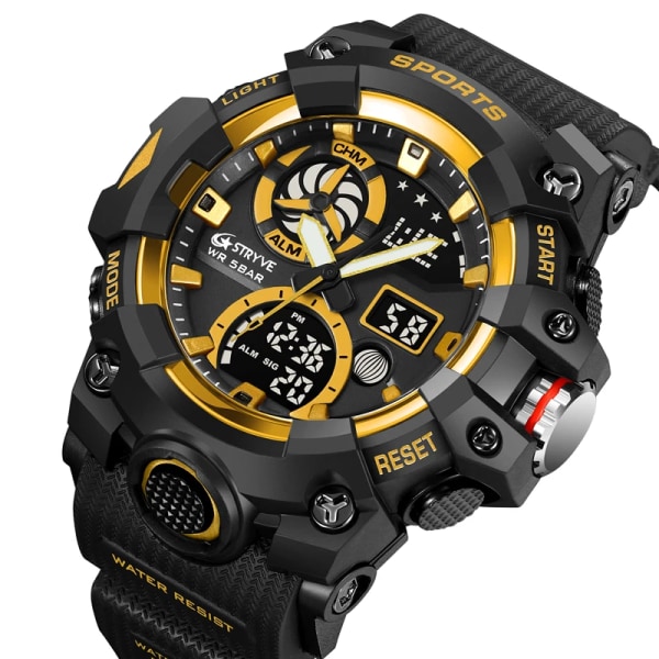 STRYVE Top Brand Elektronisk Watch För Herr Utomhussport Vattentät Dual Time Display Quartz Armbandsur Gummi reloj hombre black