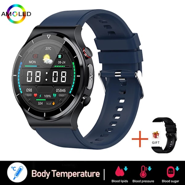 Smärtfri Icke-invasiv Blodsocker Watch Män EKG PPG Laserbehandling Hälsa Blodtryck Sport Smartklocka GlucometerWatch blue