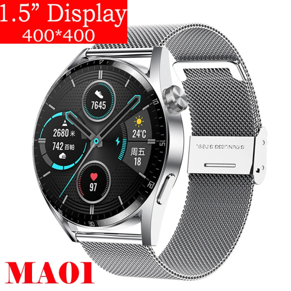 Ny Smart Watch Herr Android GT3 IP68 Vattentät NFC Smartwatch Trådlös Laddning Bluetooth Ring Herr Watch för Silver Mesh watch for women