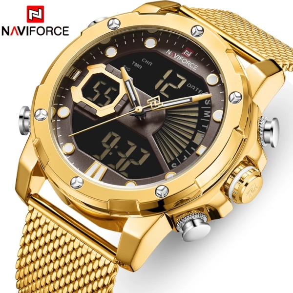 NAVIFORCE Originalklockor för män Lyxmärke Quartz Dual Display Militär watch Mesh stålband Vattentät klocka RGBEBE