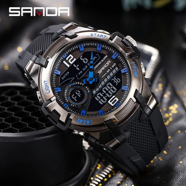 Sanda ny manlig Sports Watch personlighet cool vattentät elektronisk watch mode stor urtavla watch man black blue