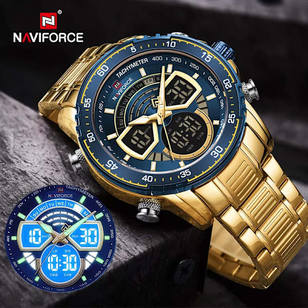 NAVIFORCE Mode Herrklockor Lyxiga Original Kvarts Digital Analog Watch för män Vattentät klocka i rostfritt stål RGBE BOX