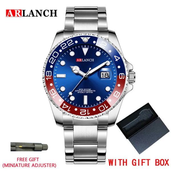 ARLANCH Hot Sell Herr Quartz Watch Toppmärke Date Sport Klockor Mode Lyx Vattentät Helt Stål Man Klocka Relogio Masculino Red  blue With box