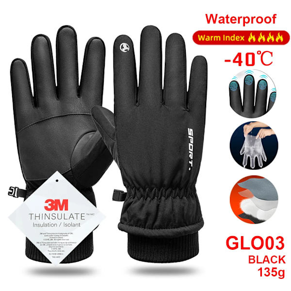 Thermal vinter vattentät män kvinnor handskar pekskärm vindtäta handskar utomhussport varm cykling snö skid handskar helfinger GLO03 BLACK M