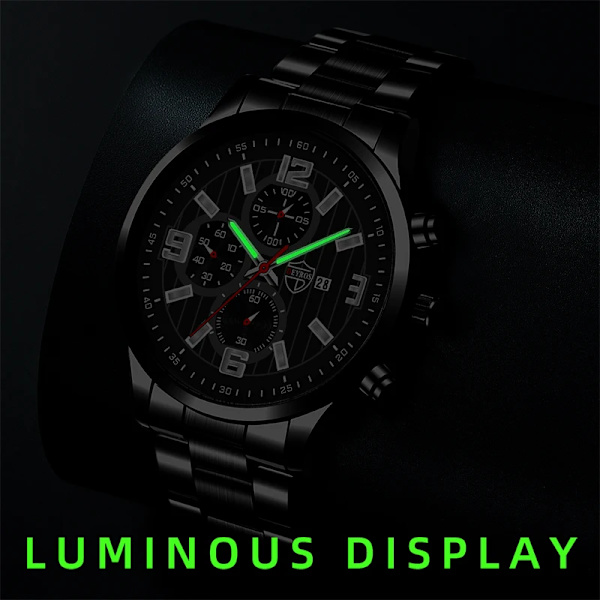 Herrmode Sportklockor för män Business rostfritt stål Quartz Armbandsur Kalender Man Casual Läder Luminous Clock Watch Leather Black Silver