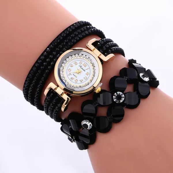 Märke Mode Dam Blomma Kristallklocka Watch Casual Lyx Läder Strassarmbandsklocka Watch Feminino Black