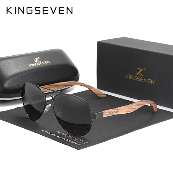 KINGSEVEN 2022 Nya handgjorda träsolglasögon polariserade herrglasögon UV400 skyddsspegel Glasögon trätemplar Oculos Z5518 Black Gray Original