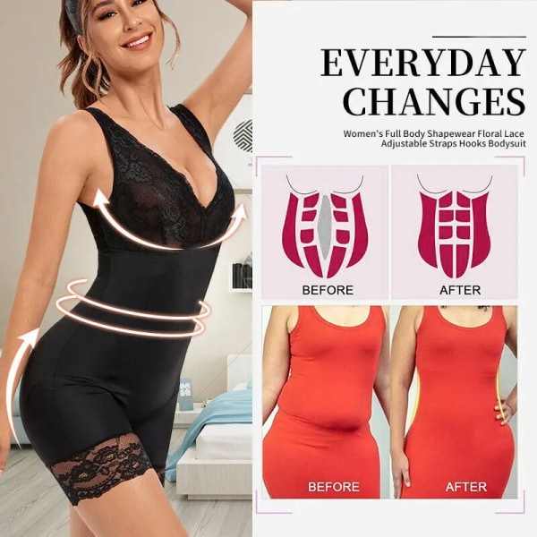 Kvinnor Spets Shapewear Helkroppar Bantning Body Shaper Korsett Waist trainer Shaping Underkläder Postpartum Recovery Slida Fajas Black XL