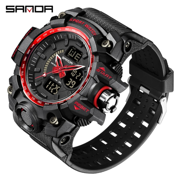 Mode SANDA Toppmärke G-stil Ny Lyx Sport Män Watch Casual Militärklockor Män Vattentäta manliga klockor Black red 3132