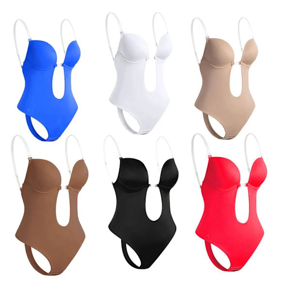 AfruliA Damklänning Rygglösa Bodysuits Shapewear Vadderad BH Helkroppsformare Sömlösa underkläder Stringtrosa Djup V-ringad Slipshorts hot red M (34)