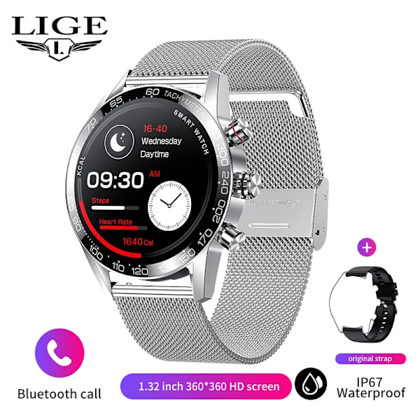 LIGE Ny AMOLED HD Bluetooth Call Smart Watch Herr Blodtryck Vattentät Watch För Herr Business Sport Armband Herr SmartWatch Mesh belt silver AMOLED Smart Watch