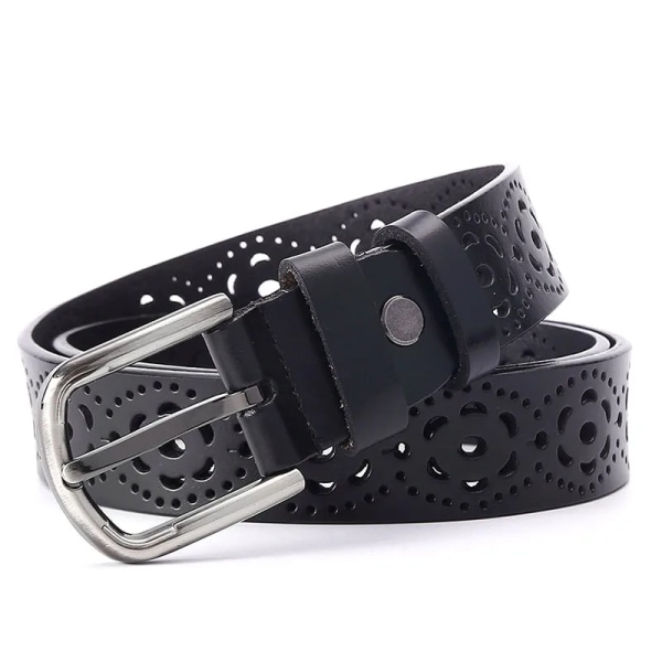 Vitt kvinnasbälte med ihålig blomma \u007FFashion \u007FÄkta läderbälte för kvinnor Jeansbälten dam av högsta kvalitet svart brun färg Black 110cm 36to39 Inch