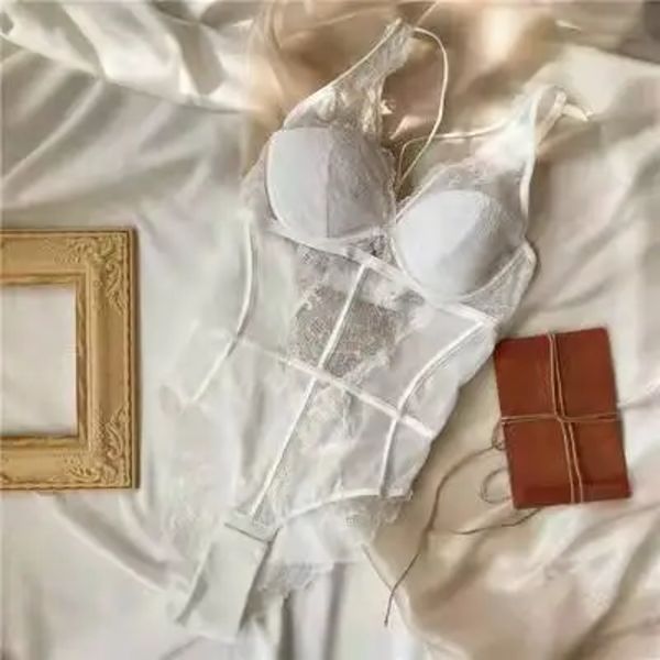 Spets Sexig Body Underkläder Set Kvinna i ett stycke Push Up Mesh BH Stringdräkt Solid 3/4 kopp bygel underkläder för kvinnor White