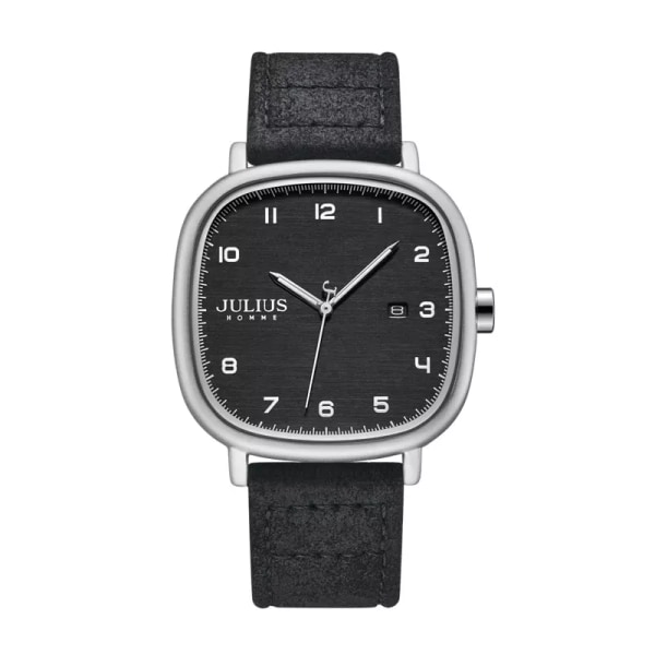 Ny 4 färger Real Auto Date Watch Japan Quartz Man Timmar Finmode Äkta Läder Armband Pojkepresent Julius Box Black