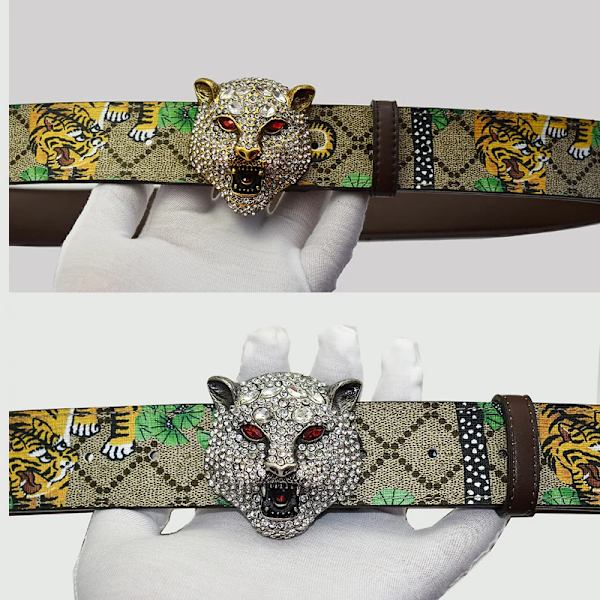 Western Rhinestone Tiger Spänne Tiger Print Läder Män Bälte Mode Jeans Causal Byxor Herr Bälte Gold 105CM