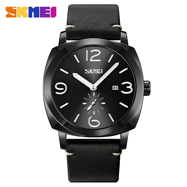 Watch SKMEI Märke Mode Sport Kvartsklockor Herr Läder Vattentät Chronograph Clock Business Relogio Masculino Black Black