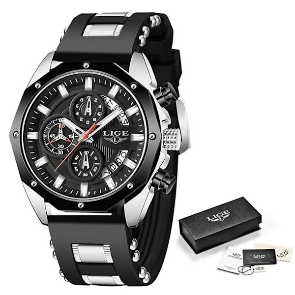 Nytt mode Herrklockor Toppmärke Lyx Silikon Watch Herr Kvarts Datum Klocka Vattentät Armbandsur Kronograf silver black