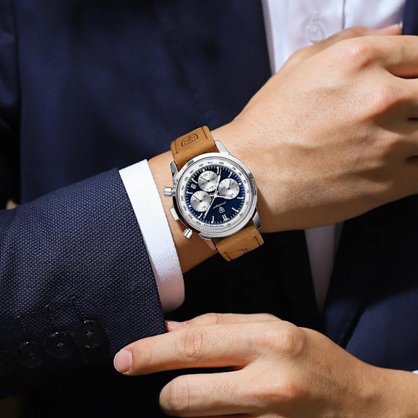 POEDAGAR Lyx Watch Högkvalitativ vattentät kronograf Lysande Herrarmbandsur Läder Herr Kvartsklockor Casual Silver Blue