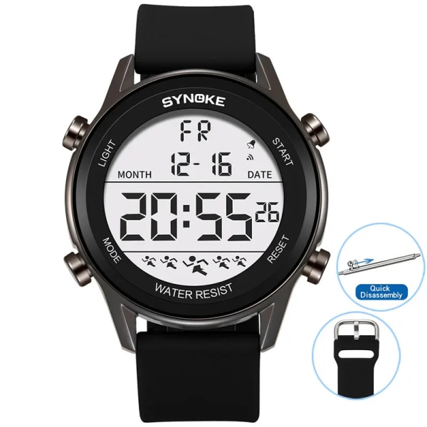 SYNOKE Sportklockor för män Vattentät elektronisk klocka Ultratunn design Big Numbers Armbandsur Watch Relogio Masculino Black-C