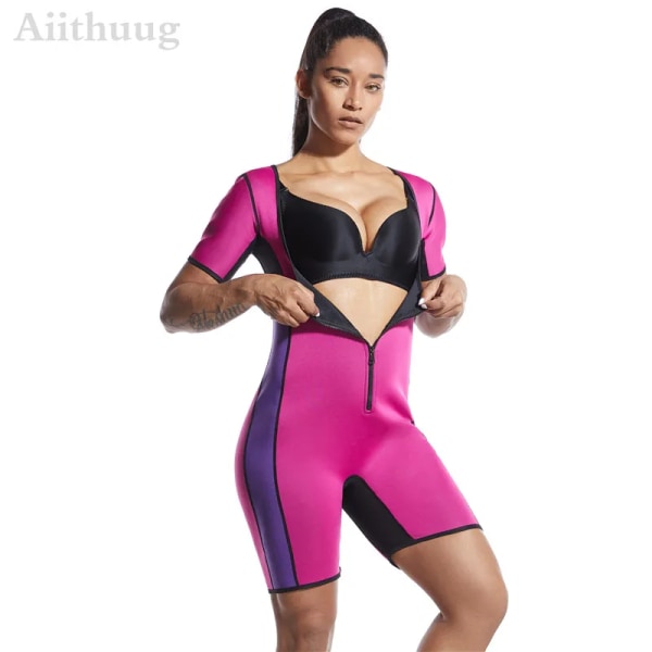 Aiithuug Bastudräkt för kvinnor Shapewear Viktminskningskorsett Svett Body Shaper Bantning Neopren Kortärmad neoprenbody red L