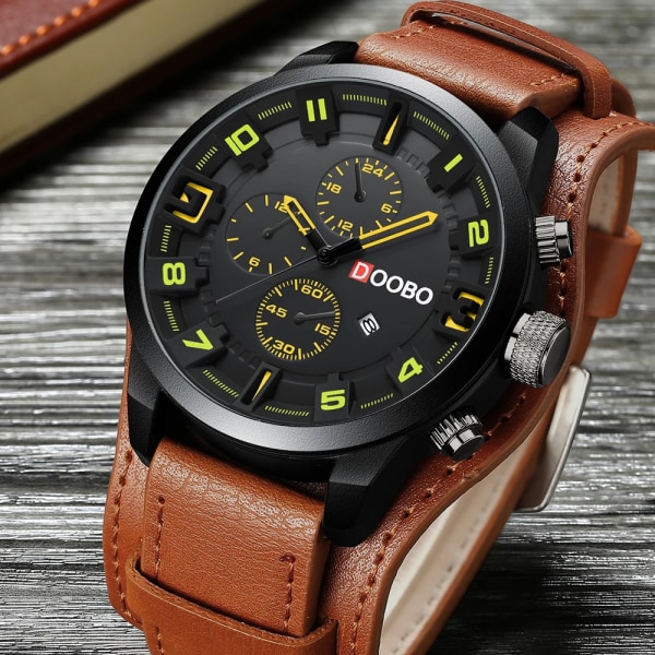 DOOBO Herr Casual Watch Herrklockor Toppmärke Lyx Quartz-klocka Läder Watch Handled Manklocka Drop black