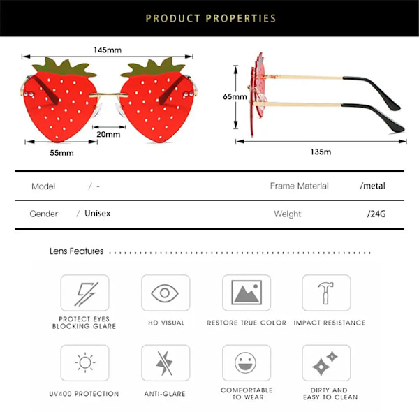 Unika Strawberry Solglasögon för kvinnor Män Festival Party Rave Solglasögon Juldekorationer Street Snap Eyewear Gradient Gray