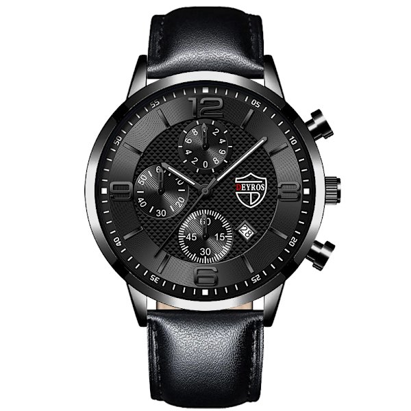 Lyx Herr Klockor i rostfritt stål Mode Herr Affär Läder Watch Man Kalender Datum Lysande klocka relogio masculino Leather Black Black